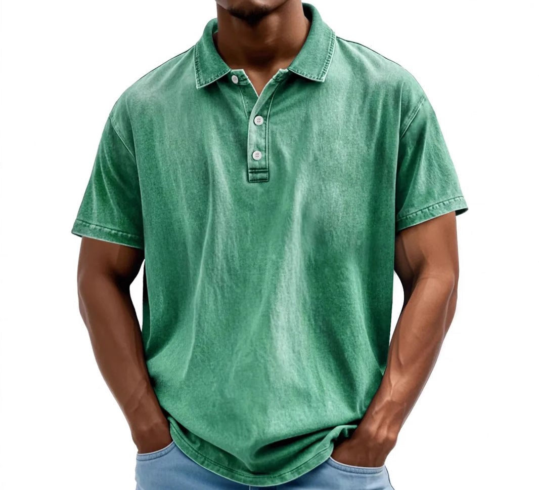 Men's vintage washed polo shirt, green with 3-button placket and short sleeves
