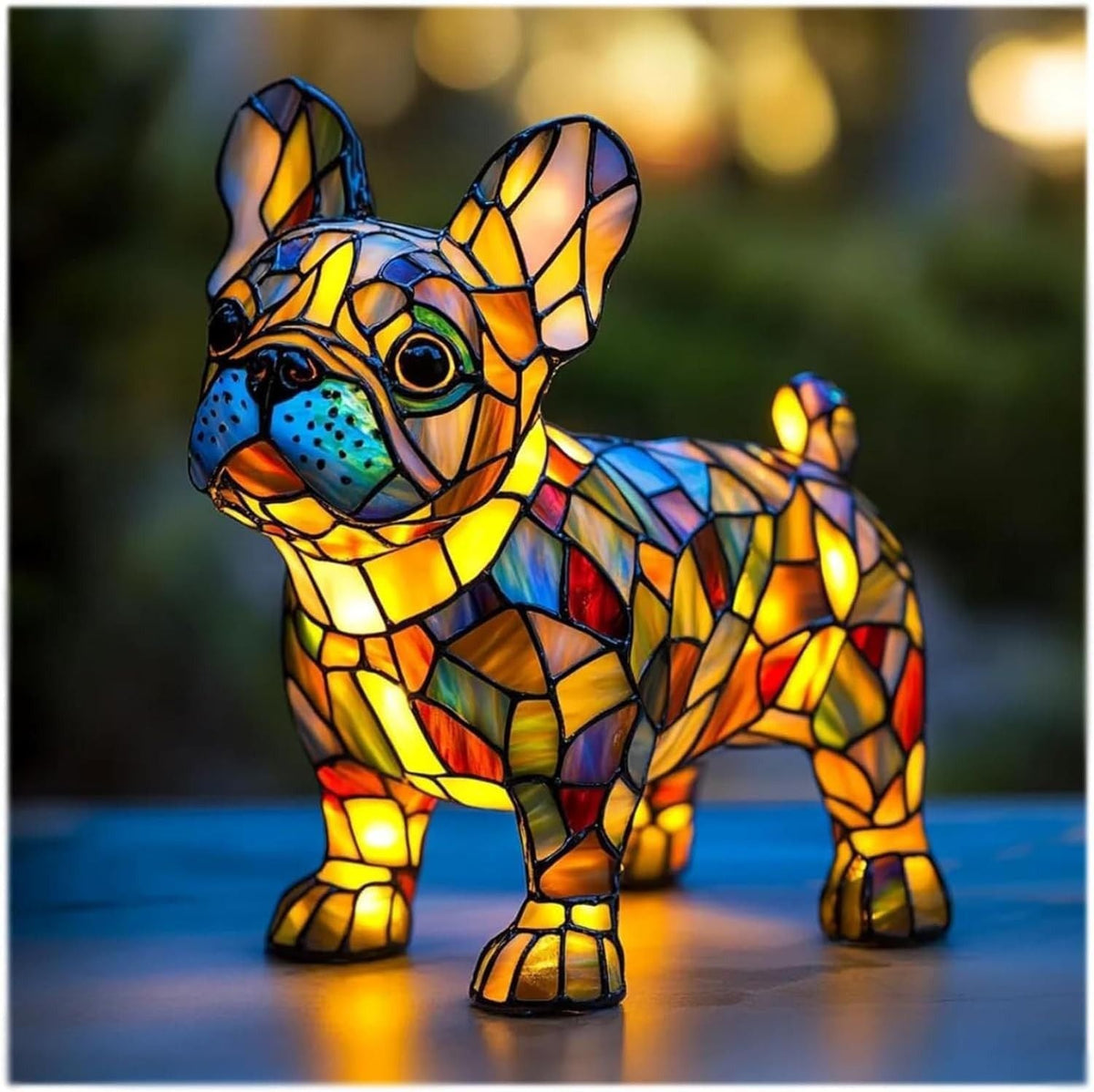 Stained glass dog lamp, small standing figure with glowing LED lights.