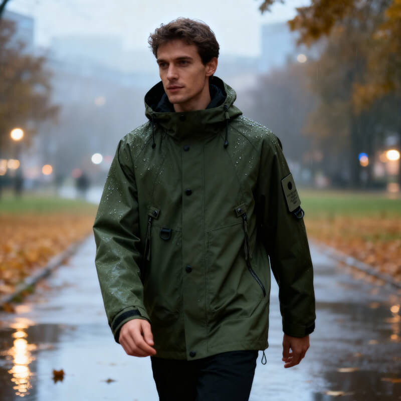 Adjustable hood softshell jacket, olive green color view