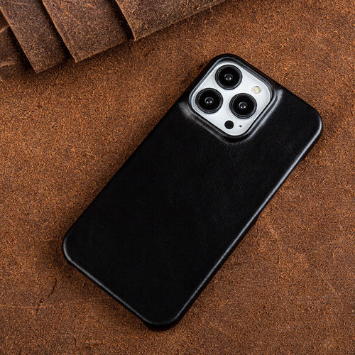 Oil-wax leather iPhone case in tan/brown with raised camera cutouts