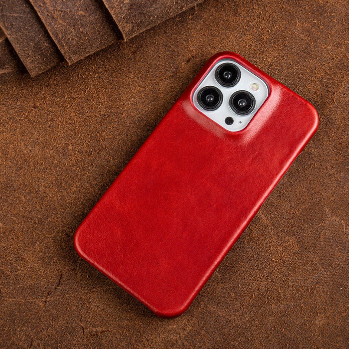 Oil wax leather iPhone case, red, with raised camera ring and precise cutouts