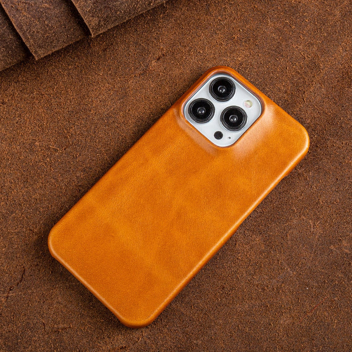 Oil wax leather iPhone case, mustard yellow/orange, with raised camera ring and cutouts