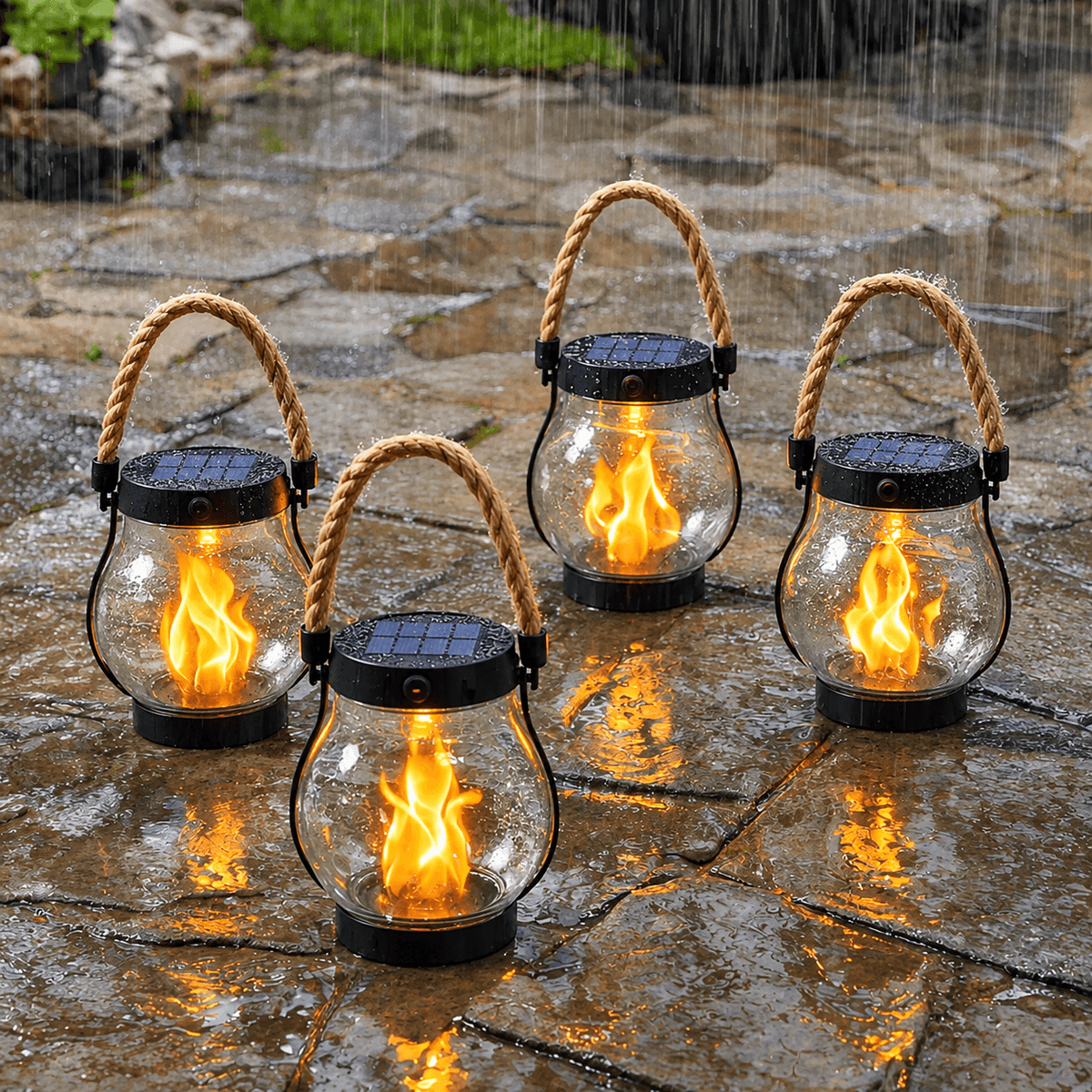 Solar flame-effect lantern set: clear glass, black base, rope handles, lit flames