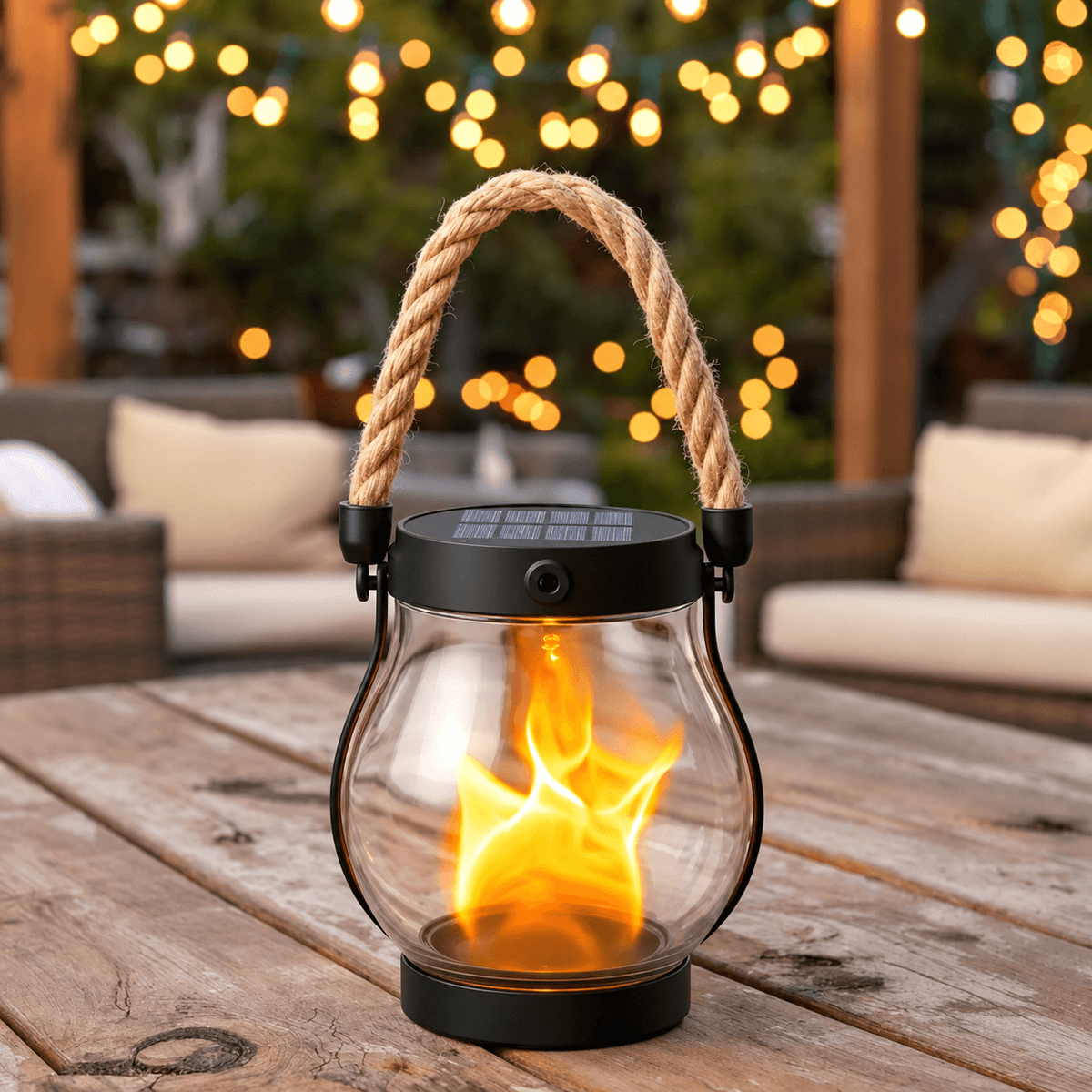 Solar flame-effect lantern, clear glass globe with black base, rope handle, glowing flame