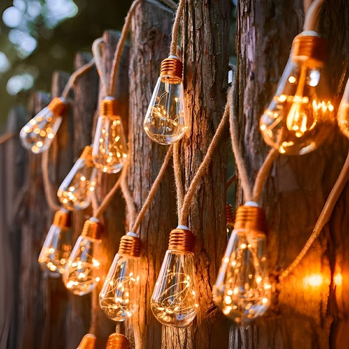 Solar string lights with clear glass bulbs and brown hemp rope wrapped around a tree