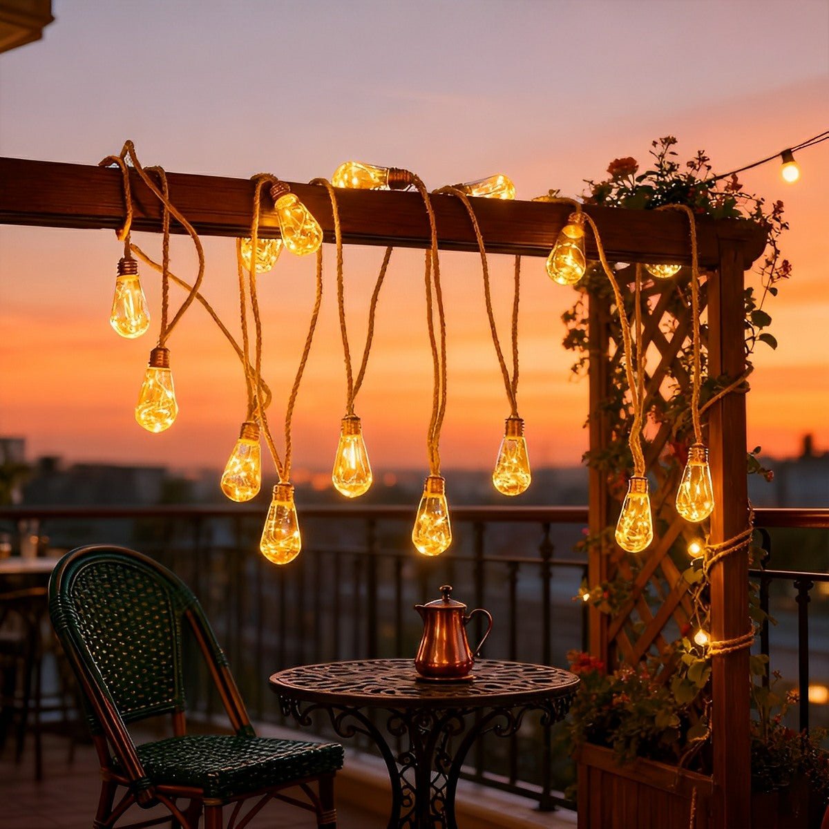 Solar outdoor hanging string lights with glowing amber bulbs and brown rope cord