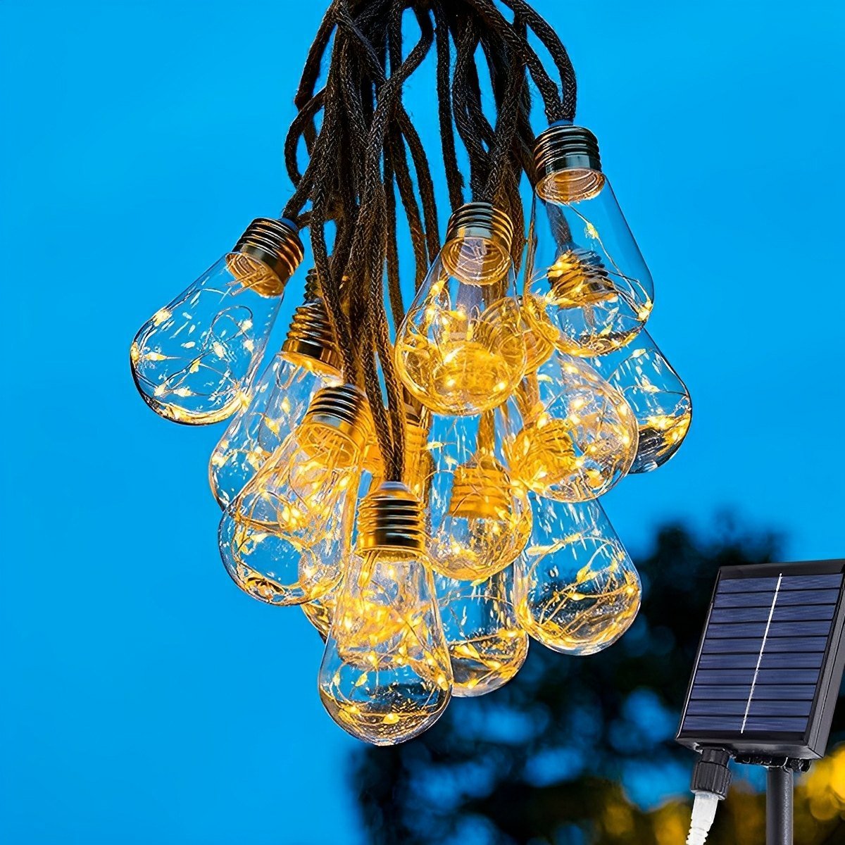 Solar string lights with clear glass bulbs on brown hemp rope and a solar panel