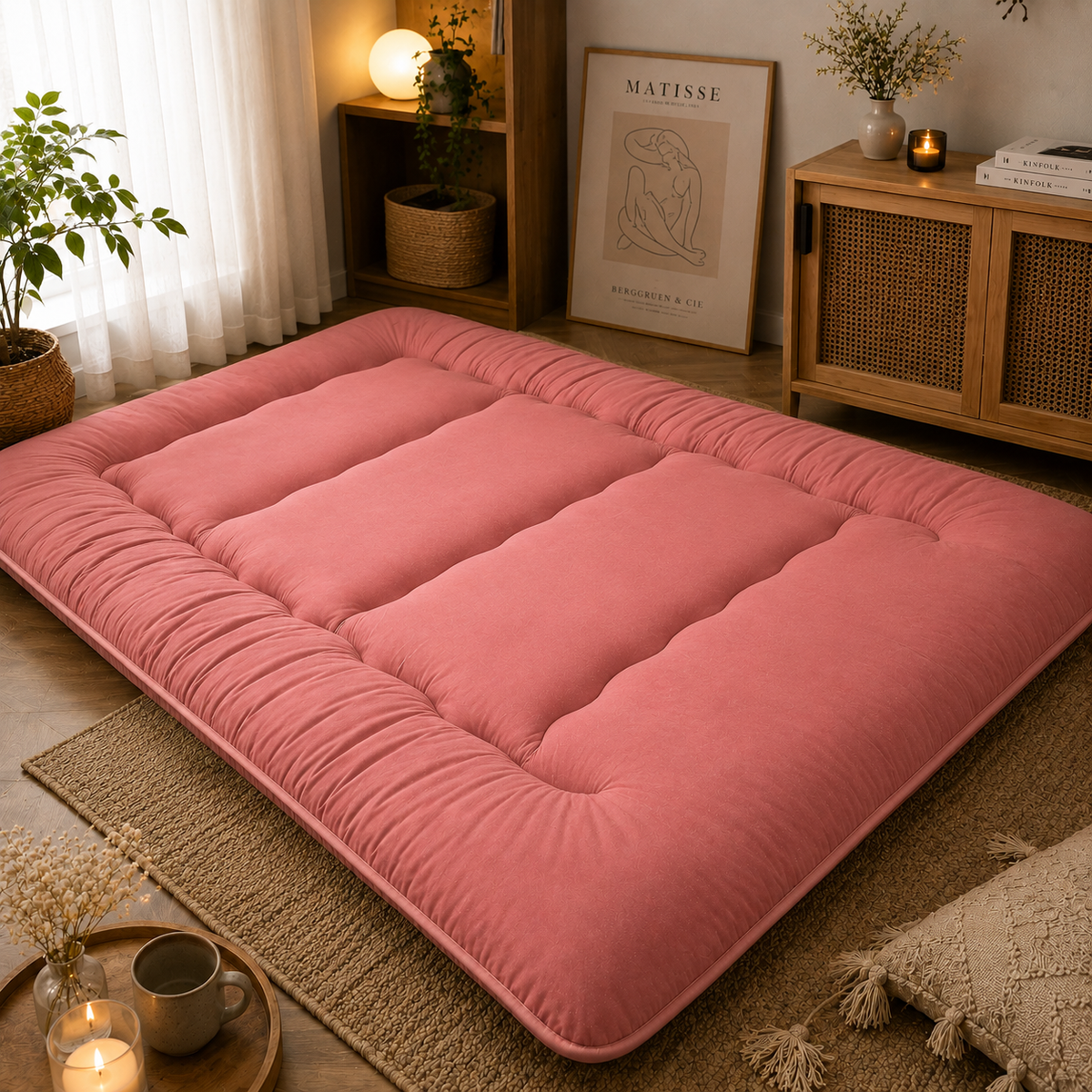 Foldable floor futon mattress, dusty pink quilted padded sections