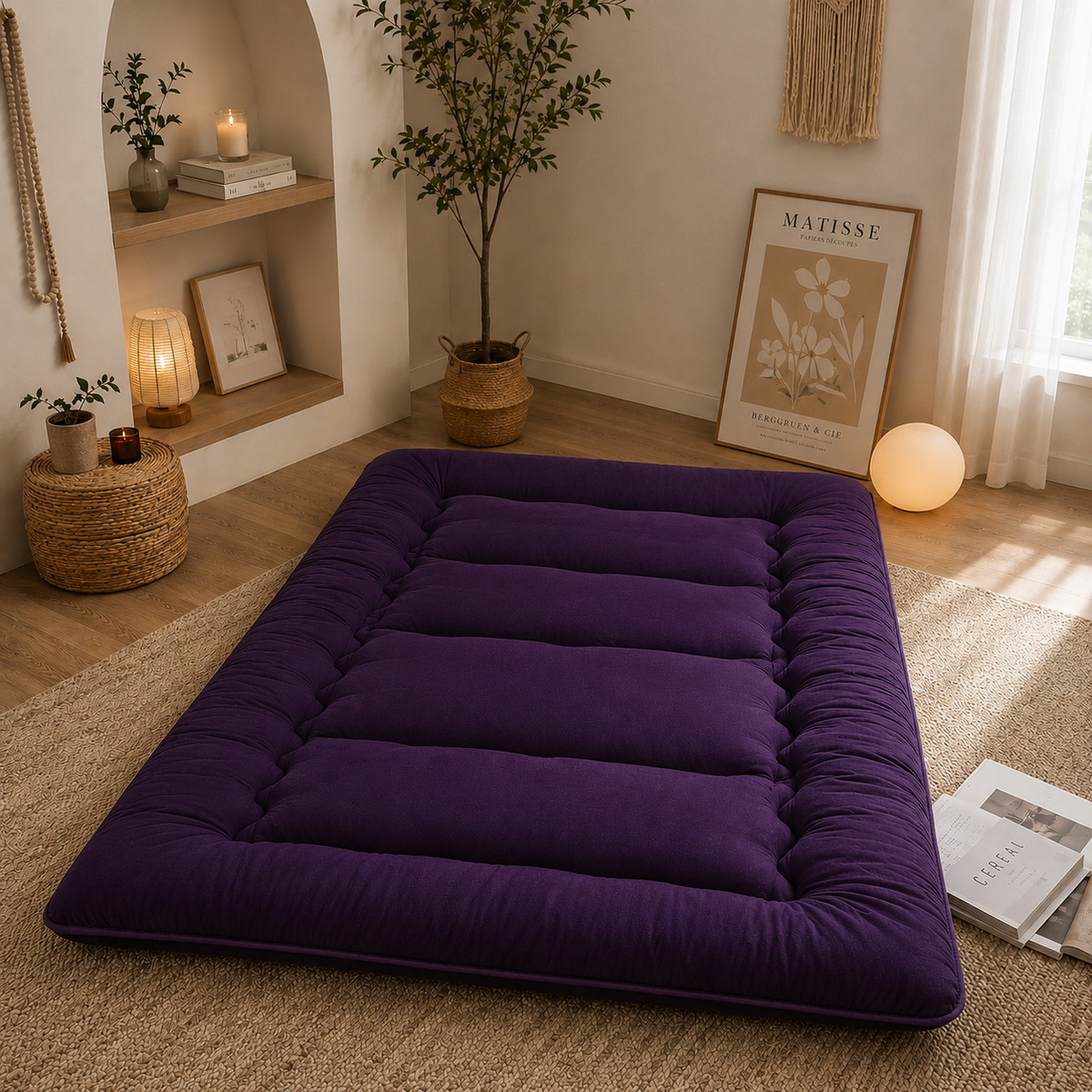 Foldable floor futon mattress, rich purple quilted padded sections