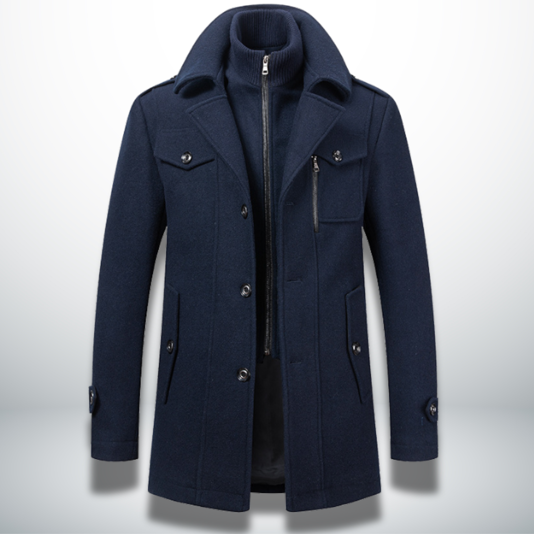 Classic elegant winter overcoat, dark blue color view