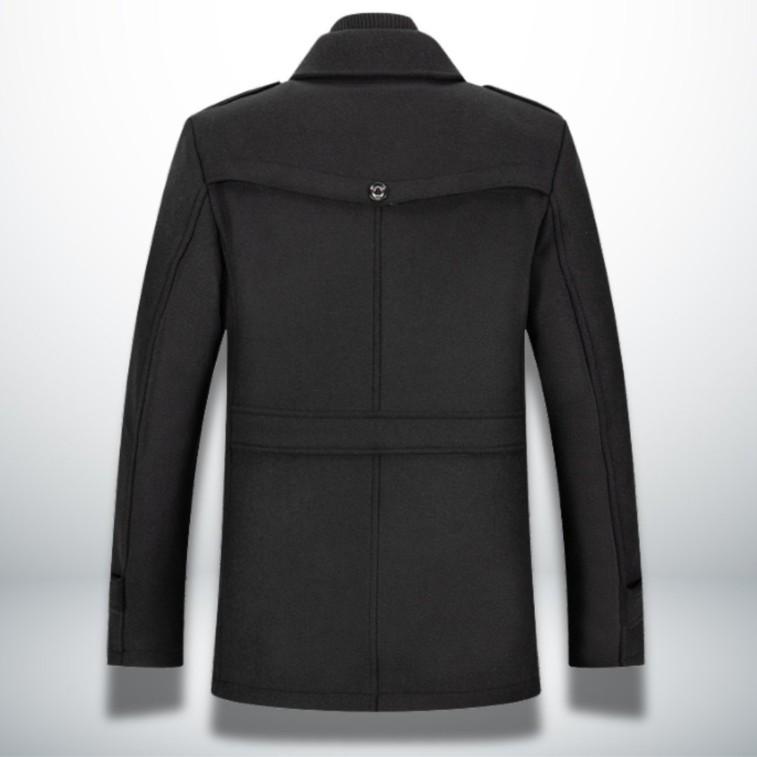 Classic elegant winter overcoat, styled front view
