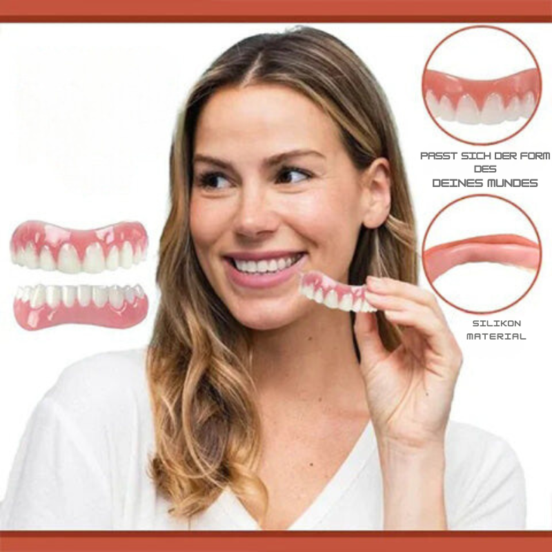 Silicone denture set with pink gums and white teeth, shown in hand and on face