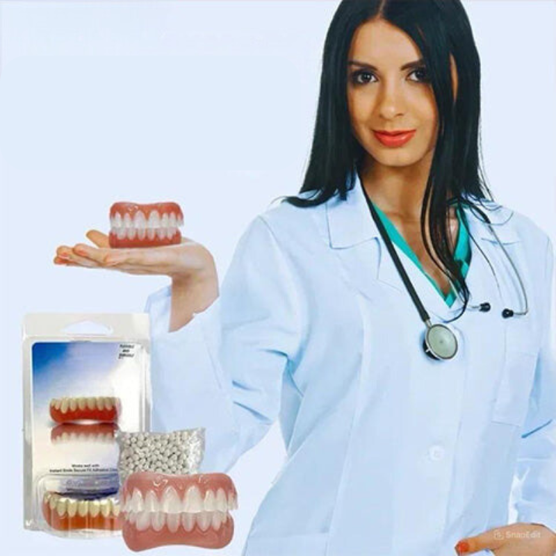 Silicone denture set in package with removable upper and lower teeth