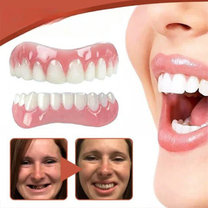 Silicone dentures with pink gums and white teeth, shown in close-up on mouth