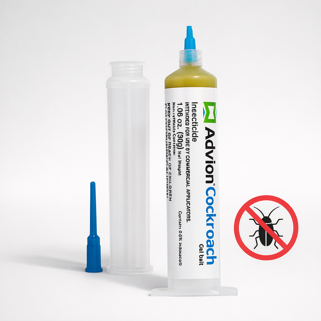 Cockroach bait gel syringe with yellow gel bottle and blue nozzle cap.
