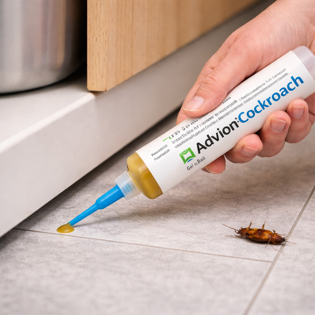 Indoor roach control gel tube with blue nozzle, dispensing yellow gel.