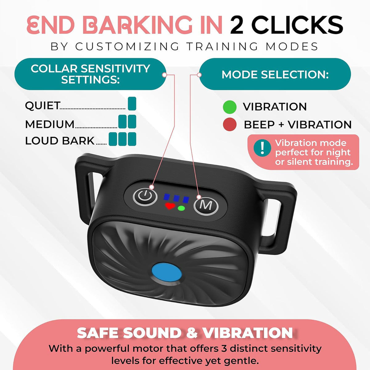 Black bark training collar remote module with LED buttons and power control
