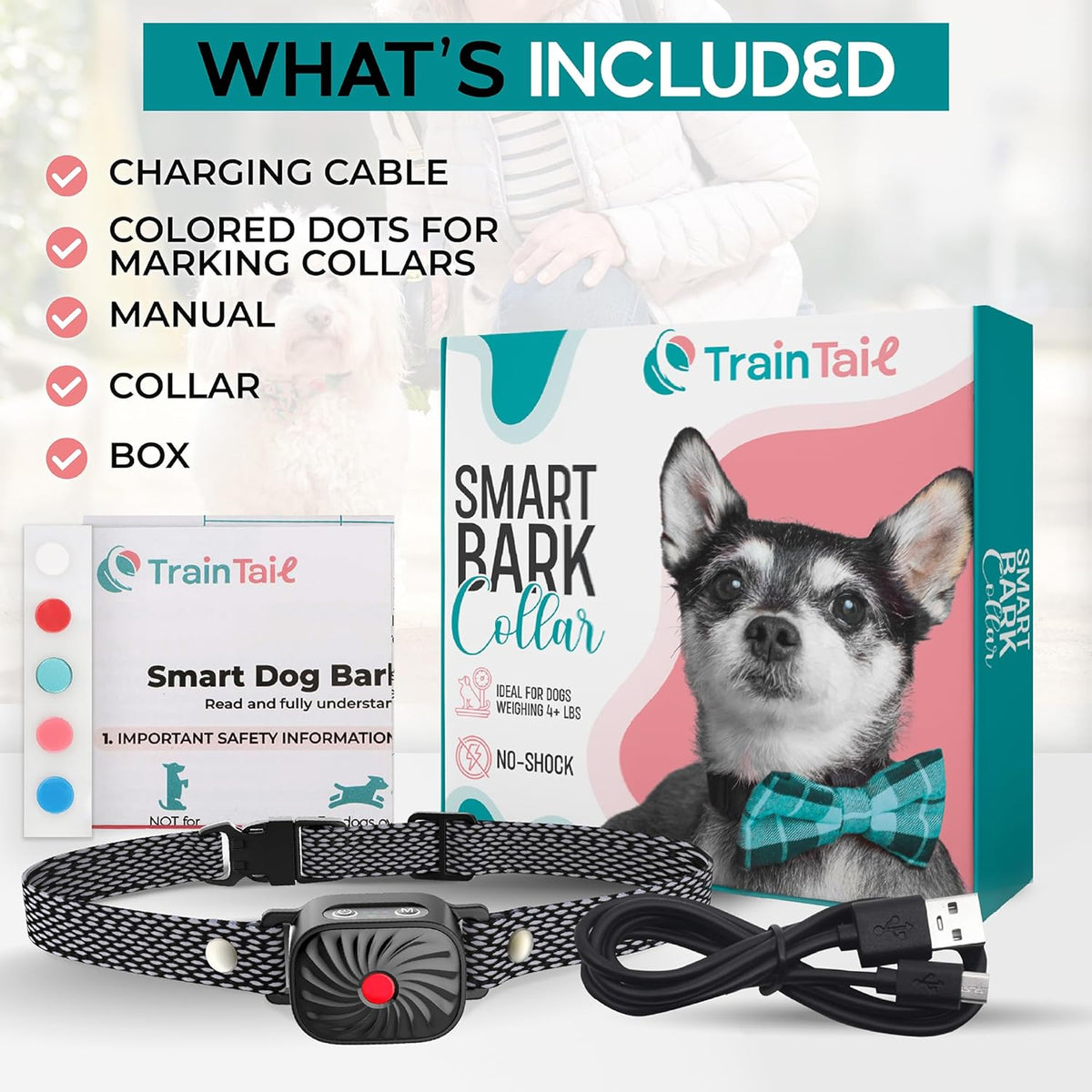 Rechargeable bark training collar kit with black mesh strap, remote, and charging cable