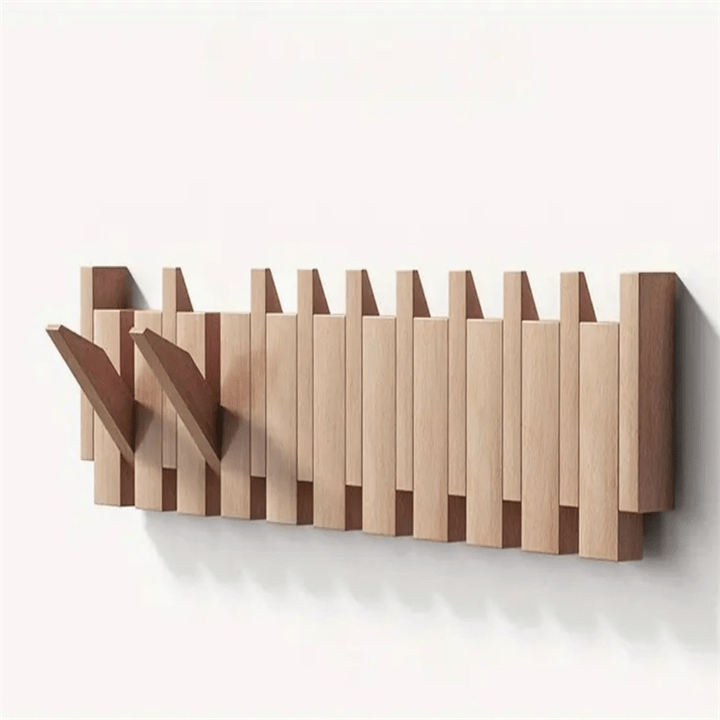 Wood wall hanger with long piano-key row of pegs and curved side hook arms