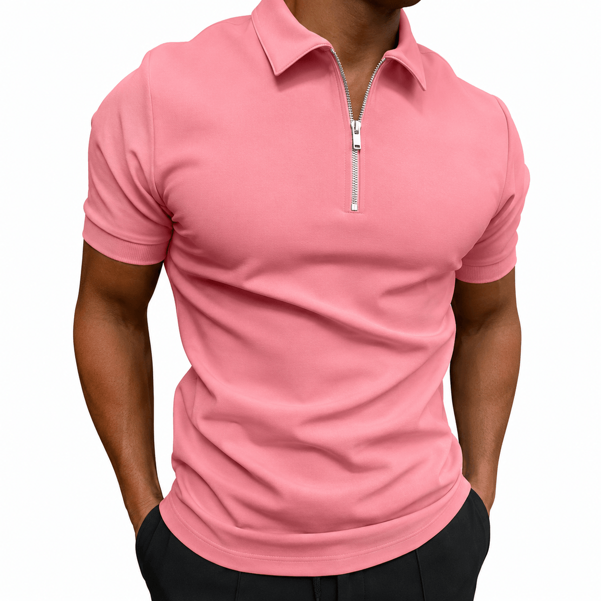 Slim fit half-zip polo, pink front view