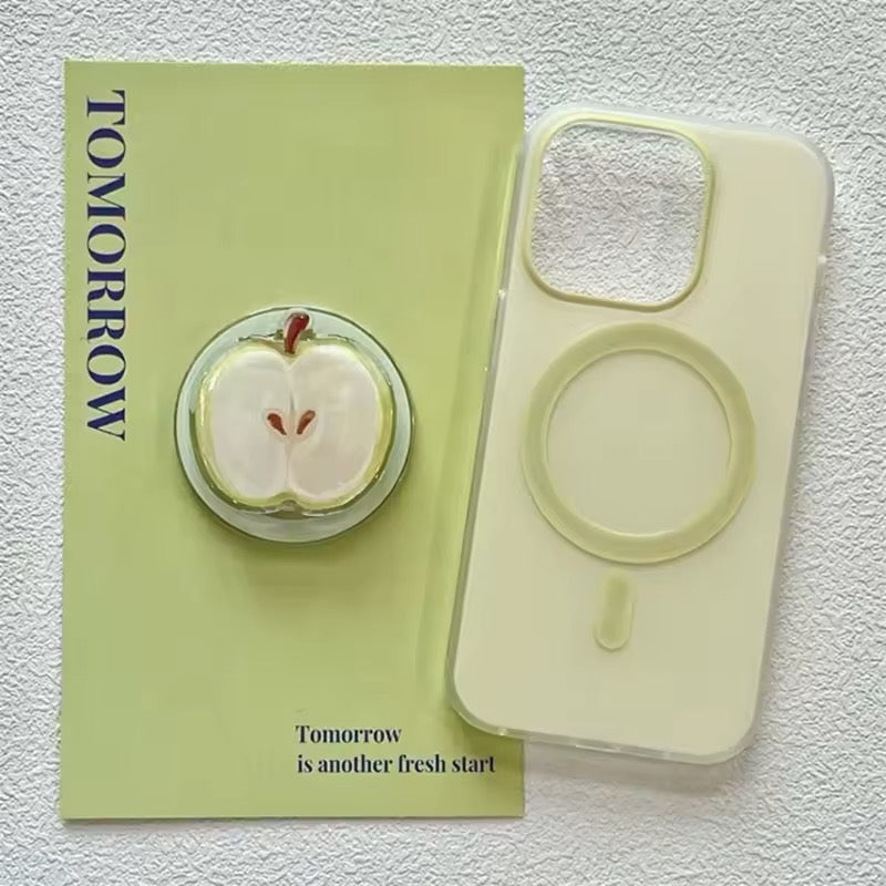 Light yellow silicone phone case with apple-shaped ring grip and circular camera bezel