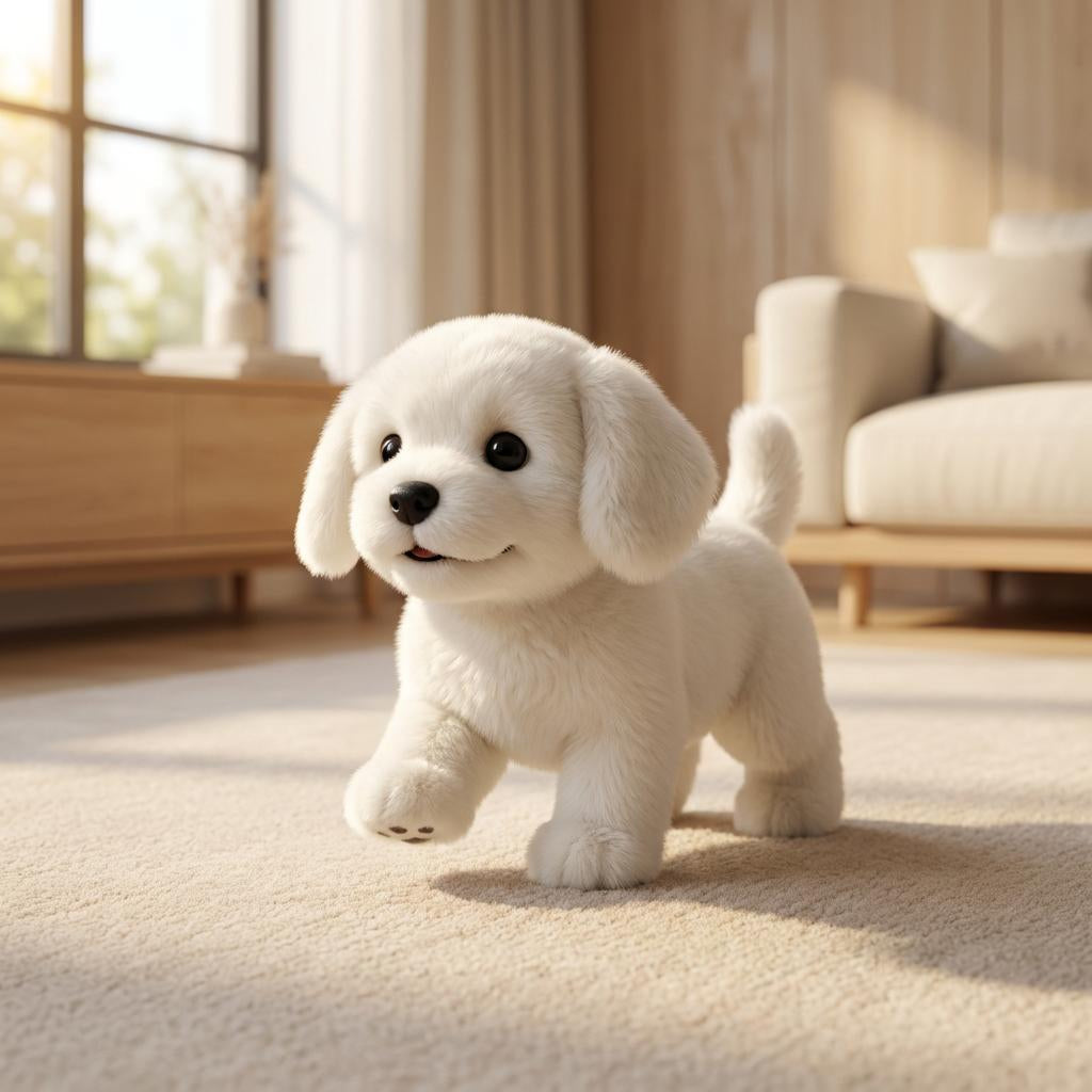 Walking plush puppy, white plush with black eyes and floppy ears.