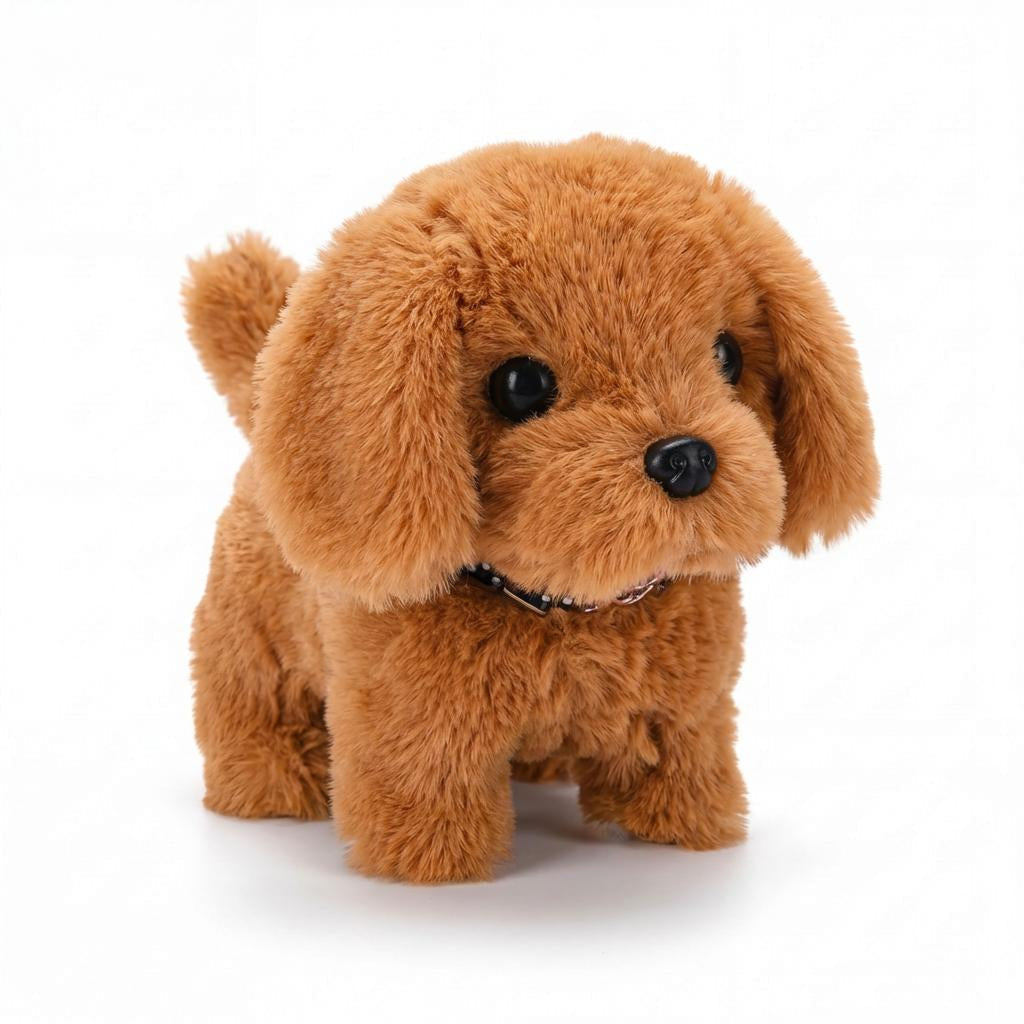 Walking plush puppy, warm brown plush with black nose and blue bead collar.