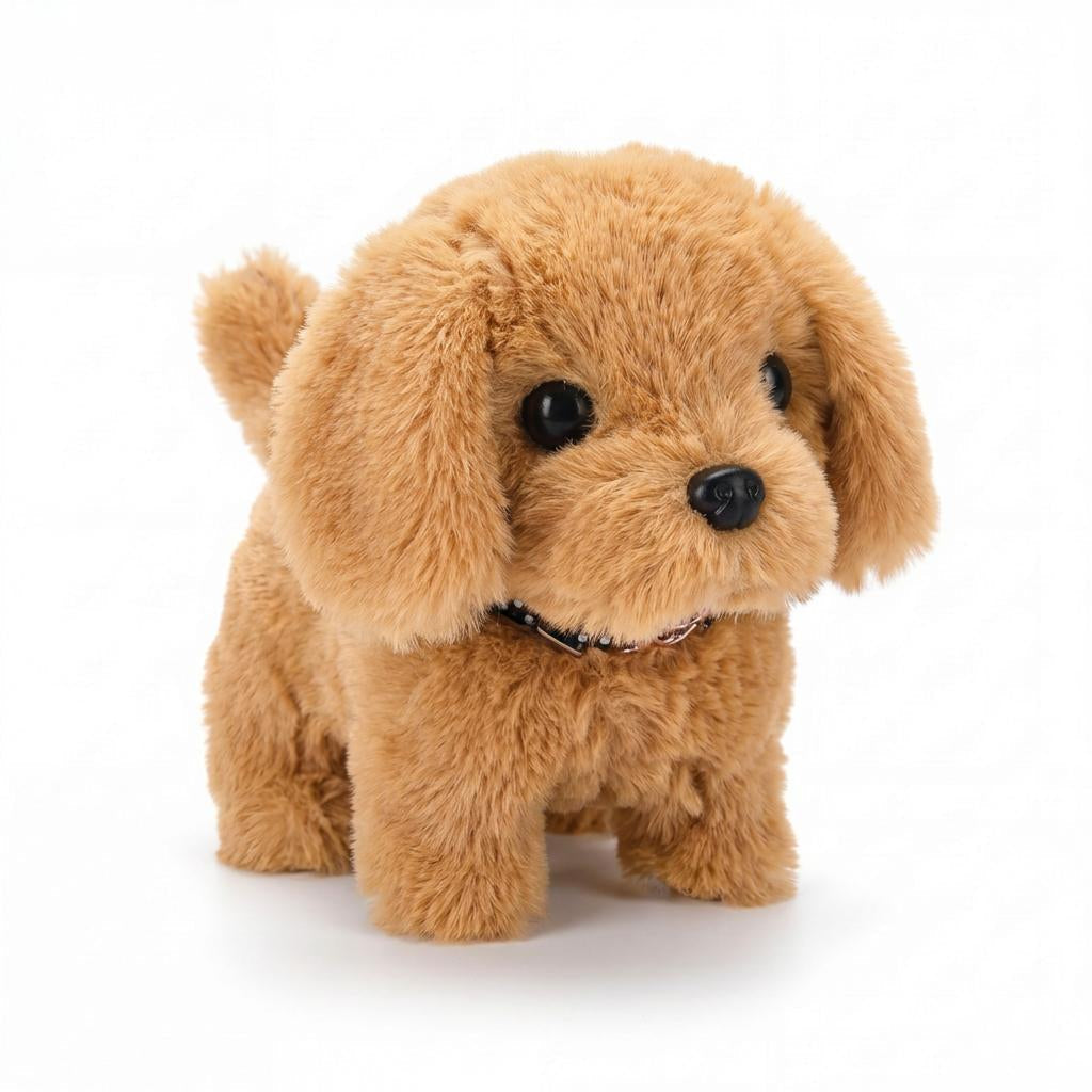 Walking plush puppy, light brown plush with black nose and stitched bead collar.