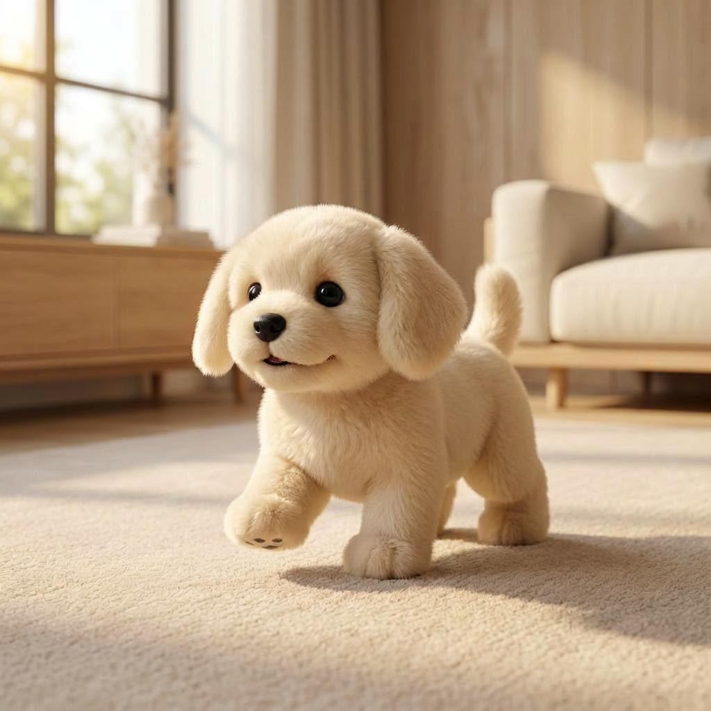 Walking plush puppy, cream plush with black eyes and floppy ears.