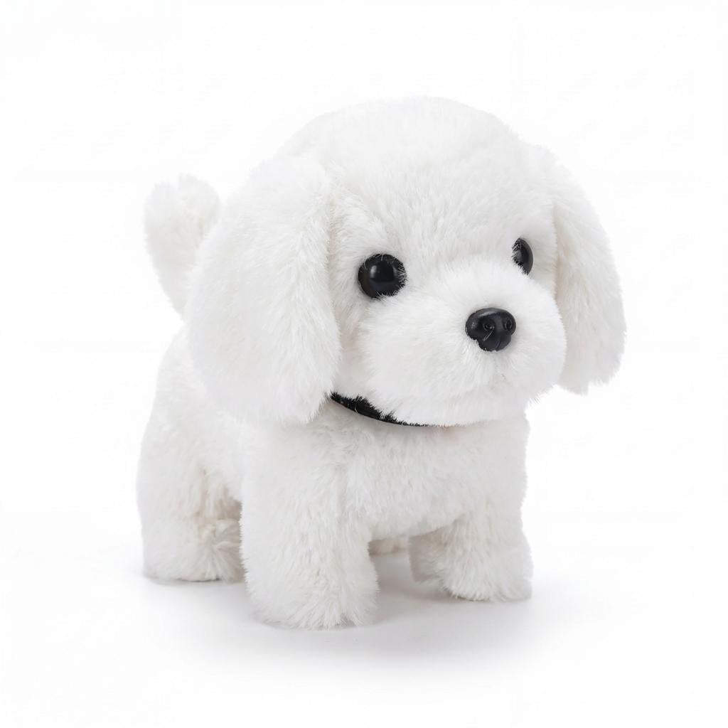 Walking plush puppy, white plush with black nose and button eyes.