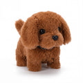 Walking plush puppy, brown plush close-up with black nose and bead eyes.