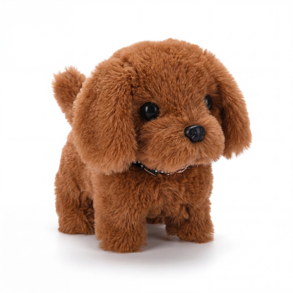 Walking plush puppy, brown plush close-up with black nose and bead eyes.