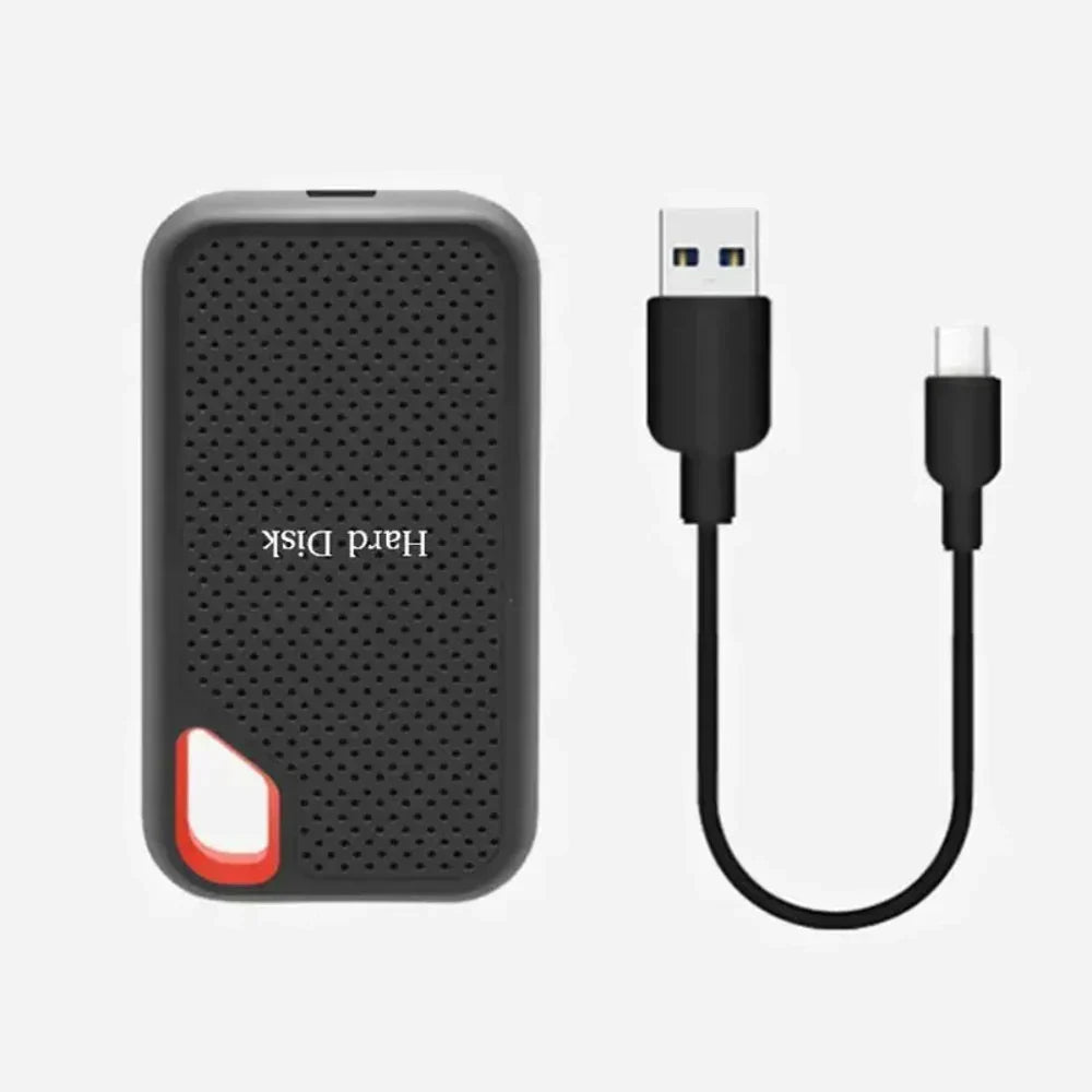 Black perforated portable drive with USB cable connections and red handle