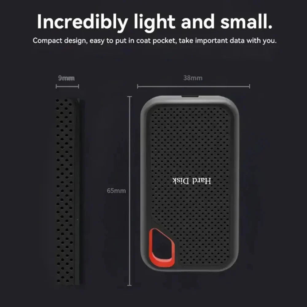 Compact black perforated portable drive with red handle, slim rectangular shape