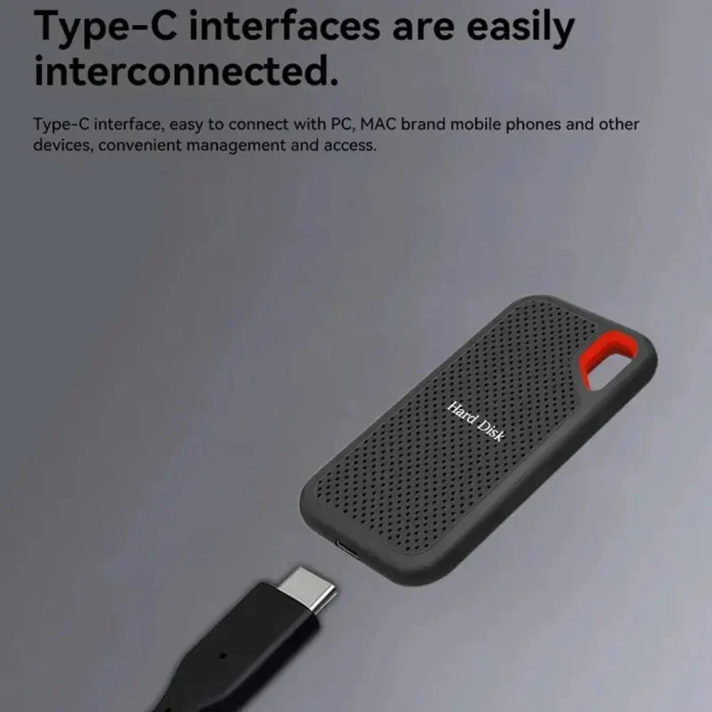 Black perforated portable drive with Type‑C cable plugged in and red handle