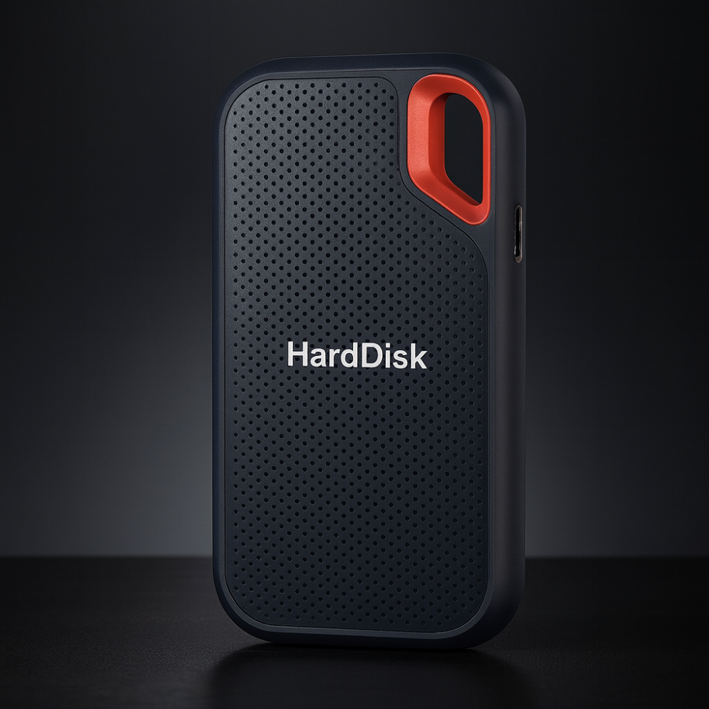 Black perforated rugged portable drive with red handle and side port