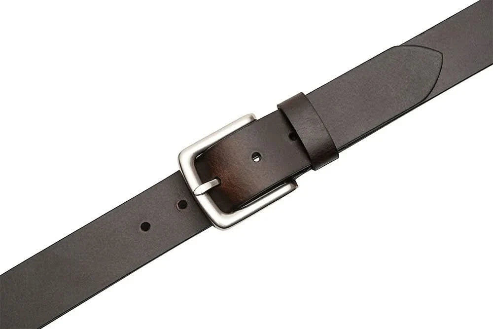 Dark brown leather belt with rectangular silver buckle and stitched keeper