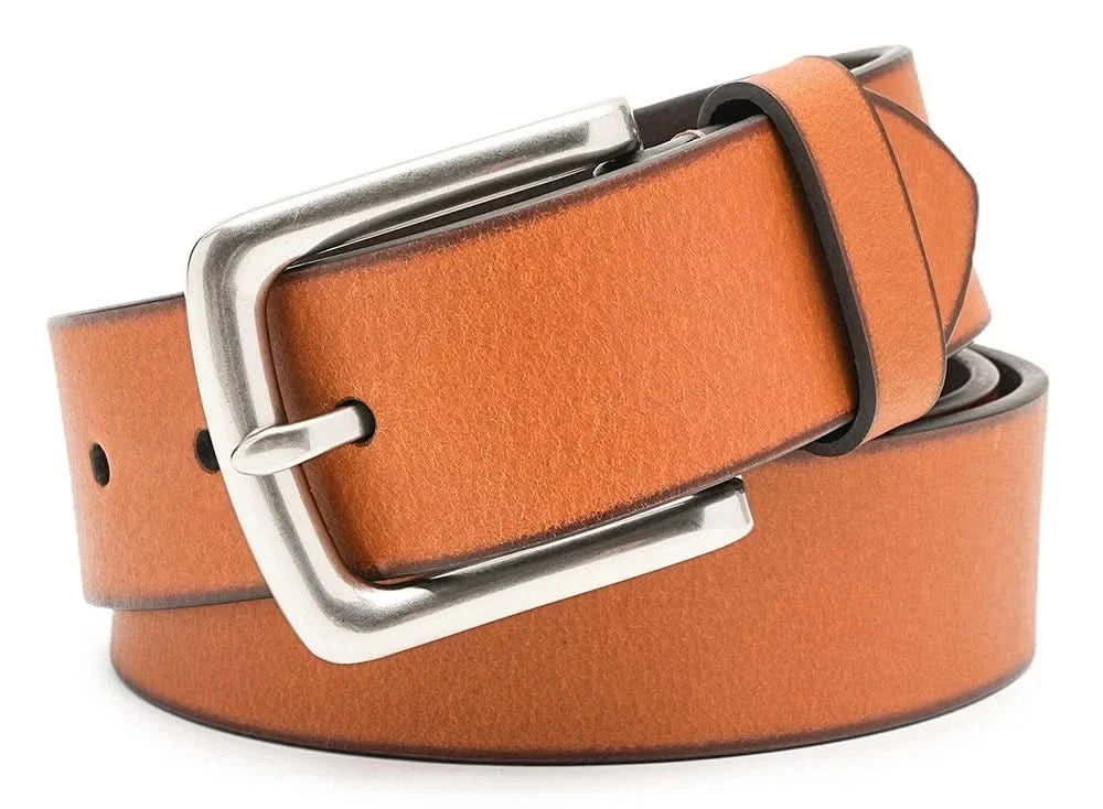 Cognac-brown full grain leather belt with rectangular silver buckle and punched holes