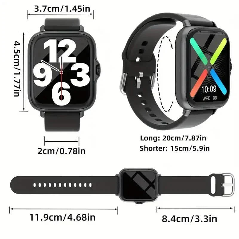 Black smartwatch with adjustable band; front screen and side profile shown.