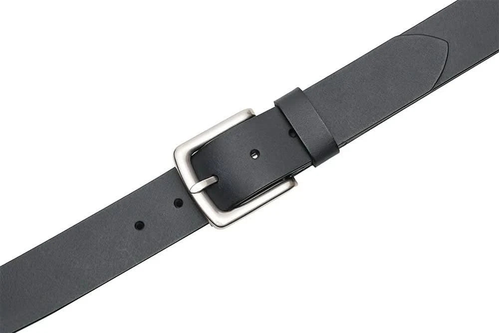Black leather belt with silver buckle and centered punched hole detail