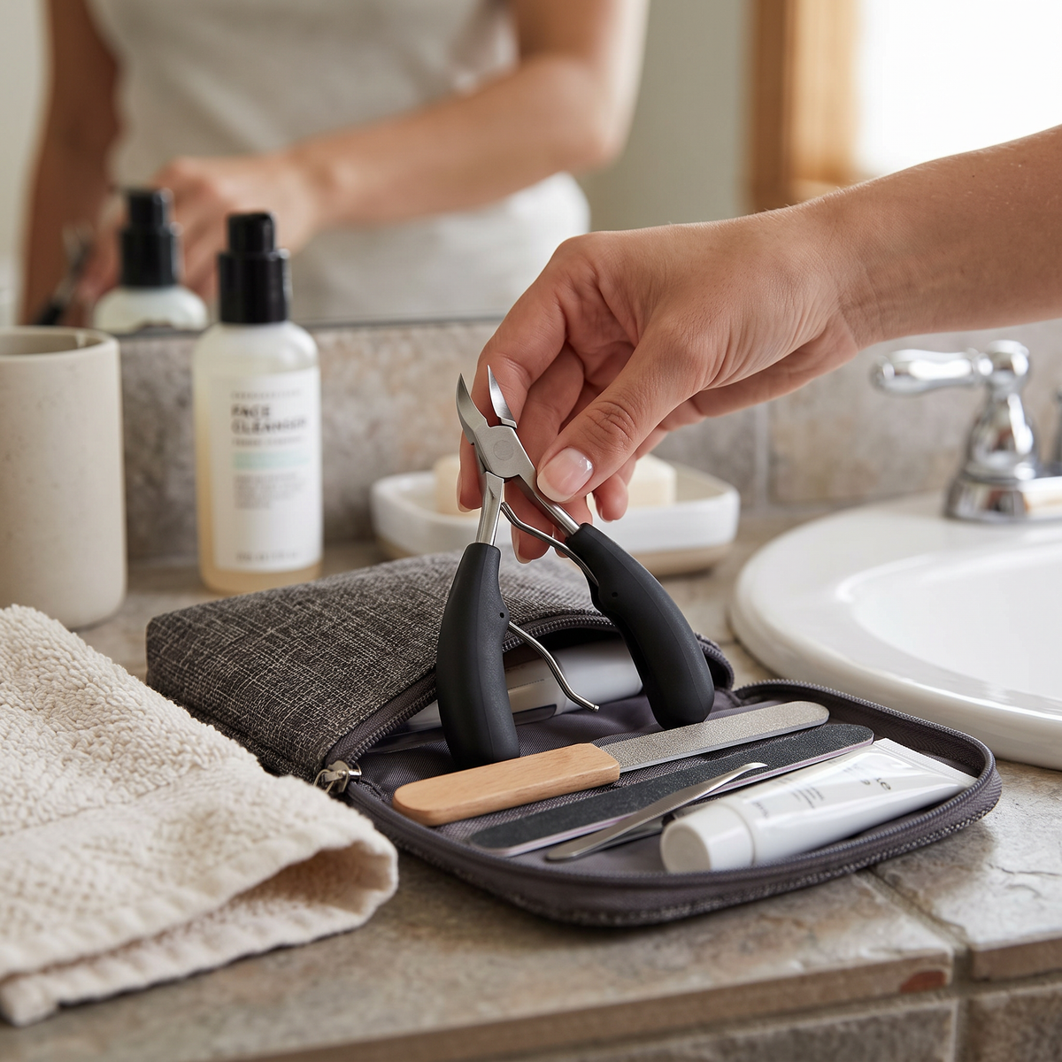 Black toenail scissors on bathroom counter in a zip pouch case