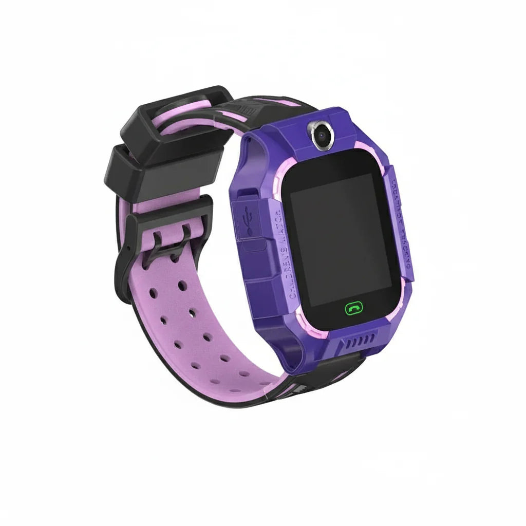 Kids GPS SOS smartwatch with purple silicone strap and black touchscreen display