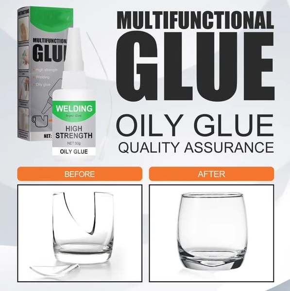 Multipurpose oily glue bottle with before-and-after bonding on glassware