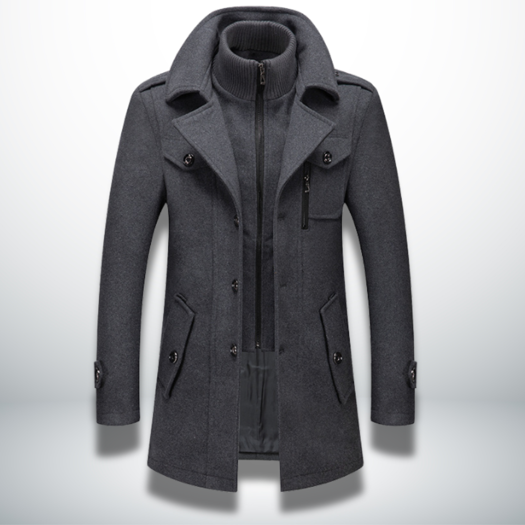 Classic elegant winter overcoat, gray color view