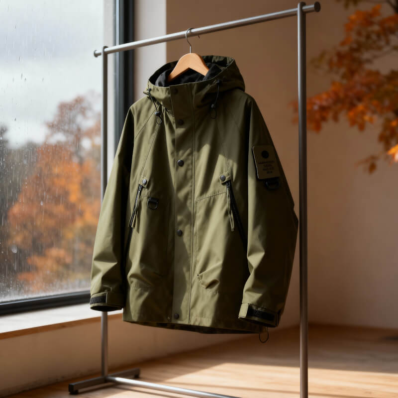 Adjustable hood softshell jacket, additional styled view
