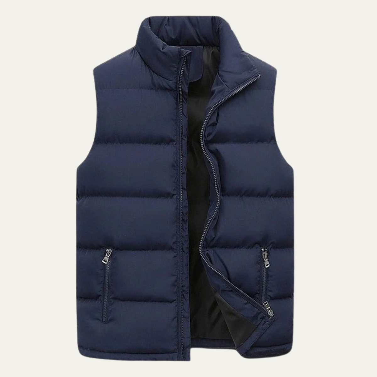 Blue slim padded puffer vest with full front zipper and side zip pockets
