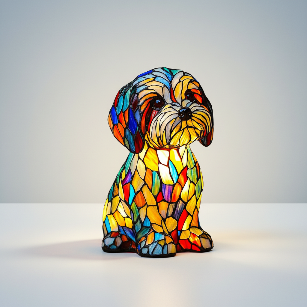 Stained glass dog table lamp, multicolor glass mosaic, seated pose.