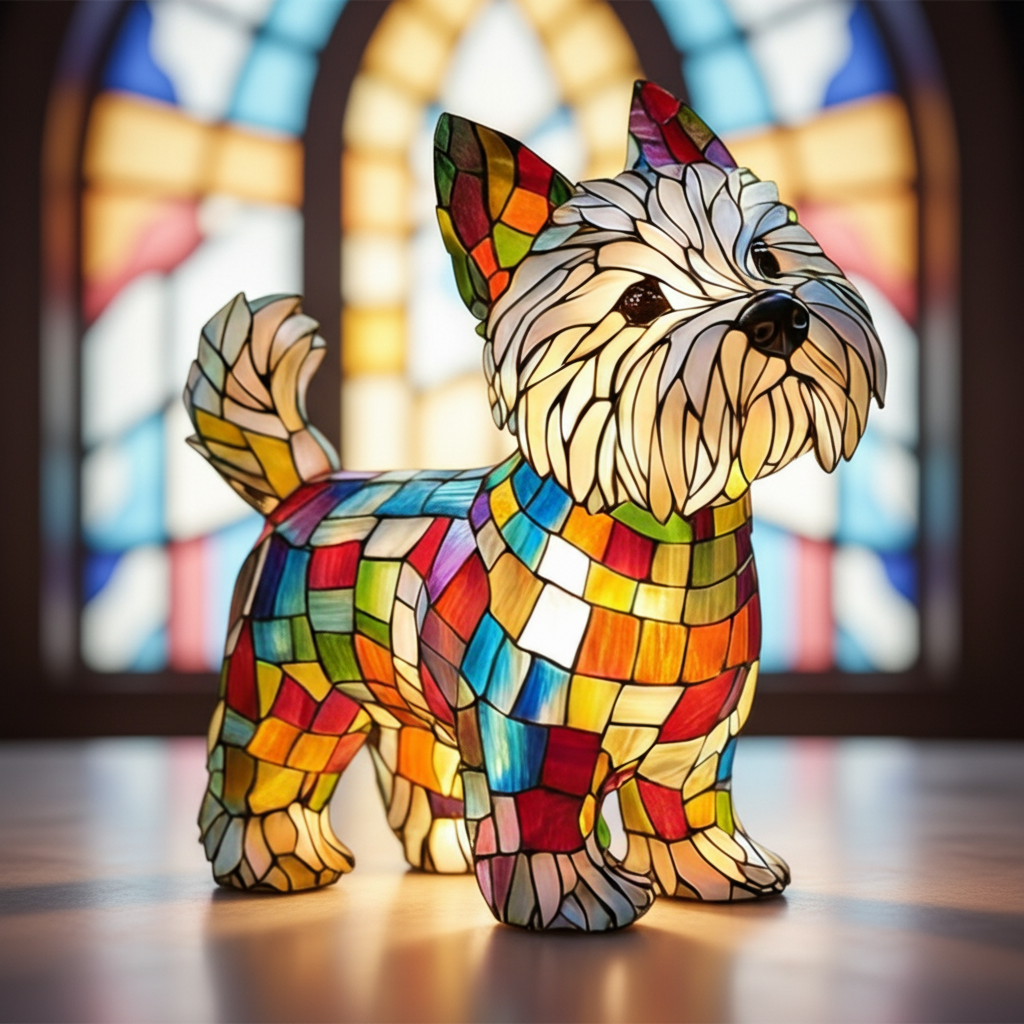 Stained glass dog lamp figurine, upright standing pose, colorful mosaic detail.