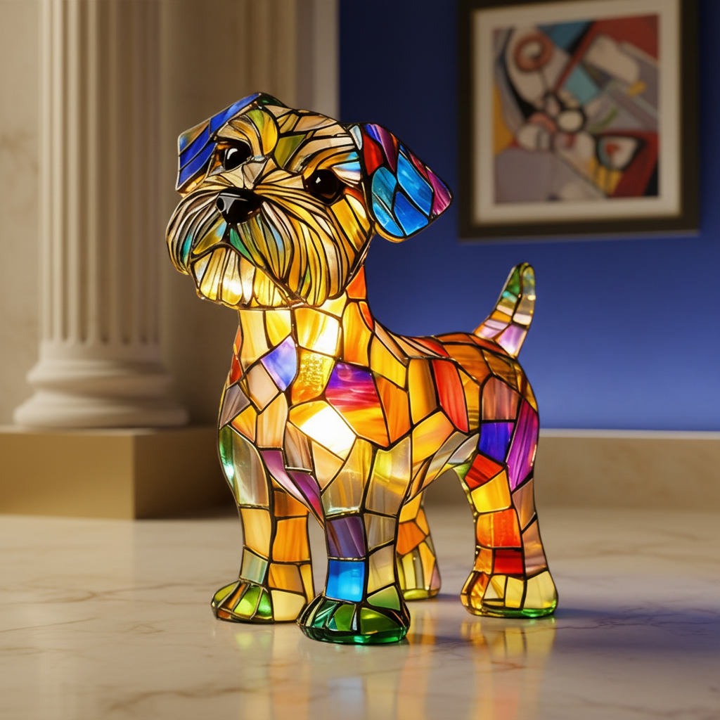 Stained glass dog lamp, three-quarter view, glowing interior through mosaic glass.