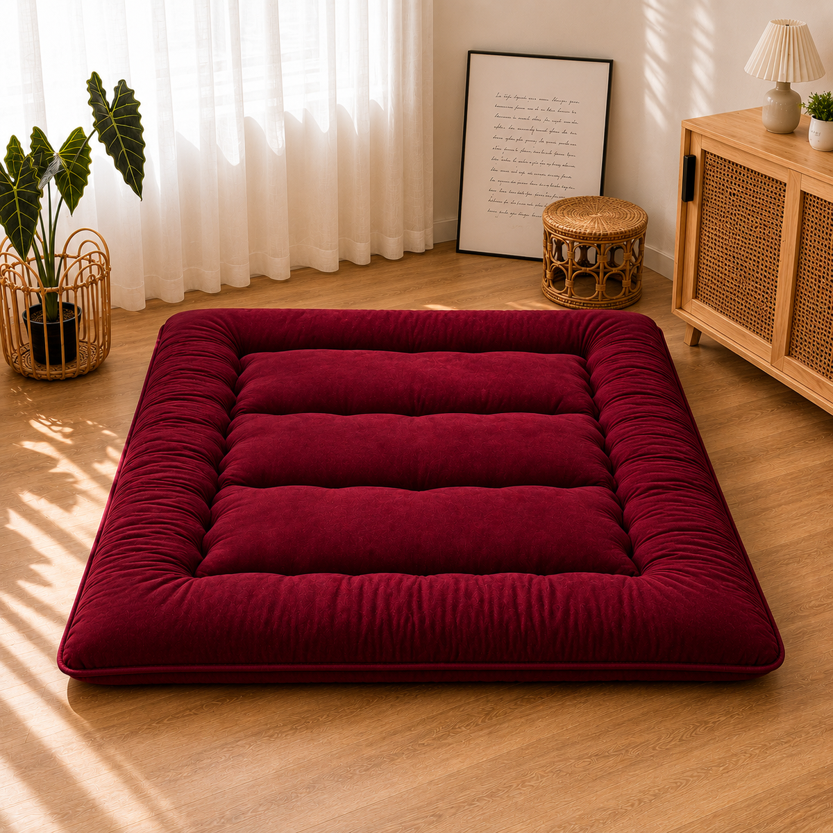 Burgundy foldable floor futon mattress with quilted sections and rounded corners